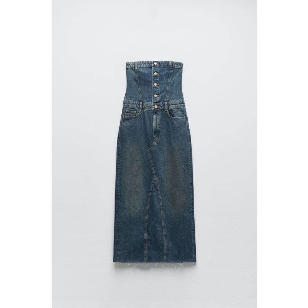 Strapless Button-Front Maxi Denim Dress - Blue - Picture 4 of 5